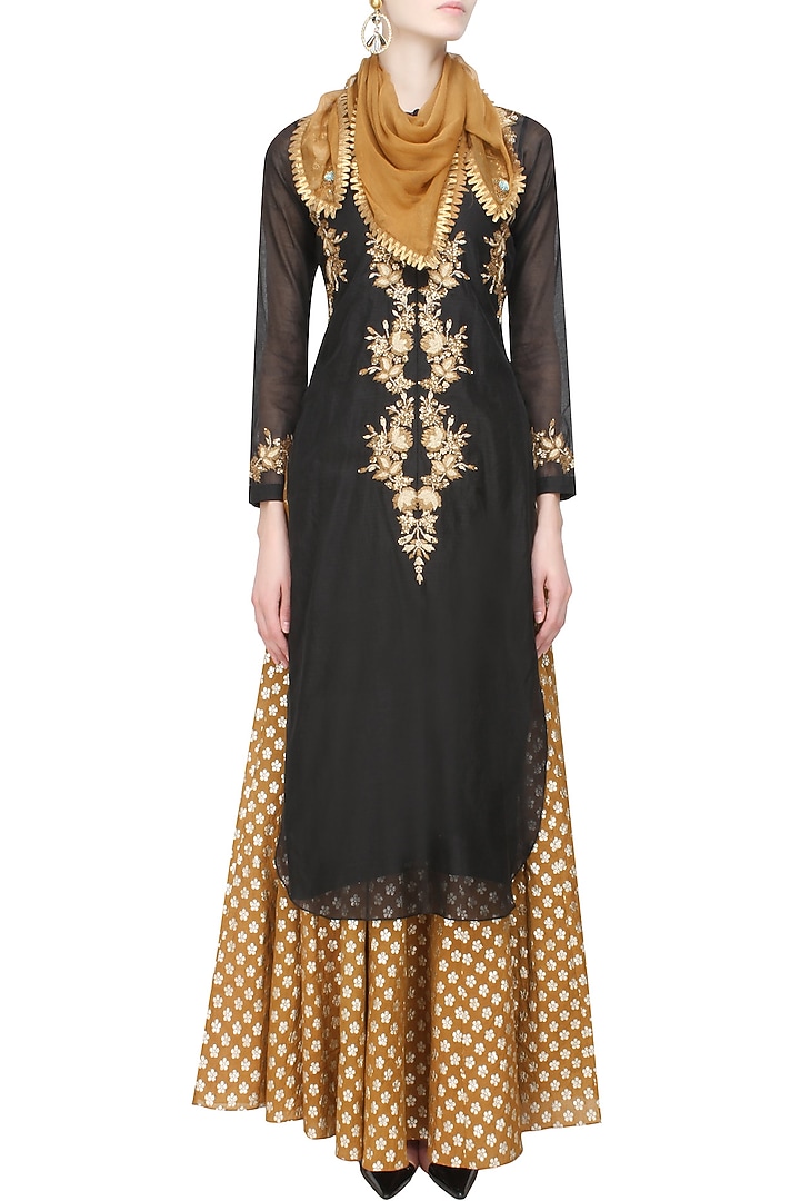 Joy Mitra presents Black floral embroiderd kurta and gold brocade skirt with golden scarf available only at Pernia's Pop Up Shop.