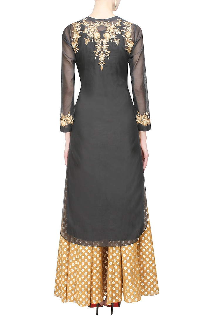 Joy Mitra presents Black floral embroiderd kurta and gold brocade skirt with golden scarf available only at Pernia's Pop Up Shop.