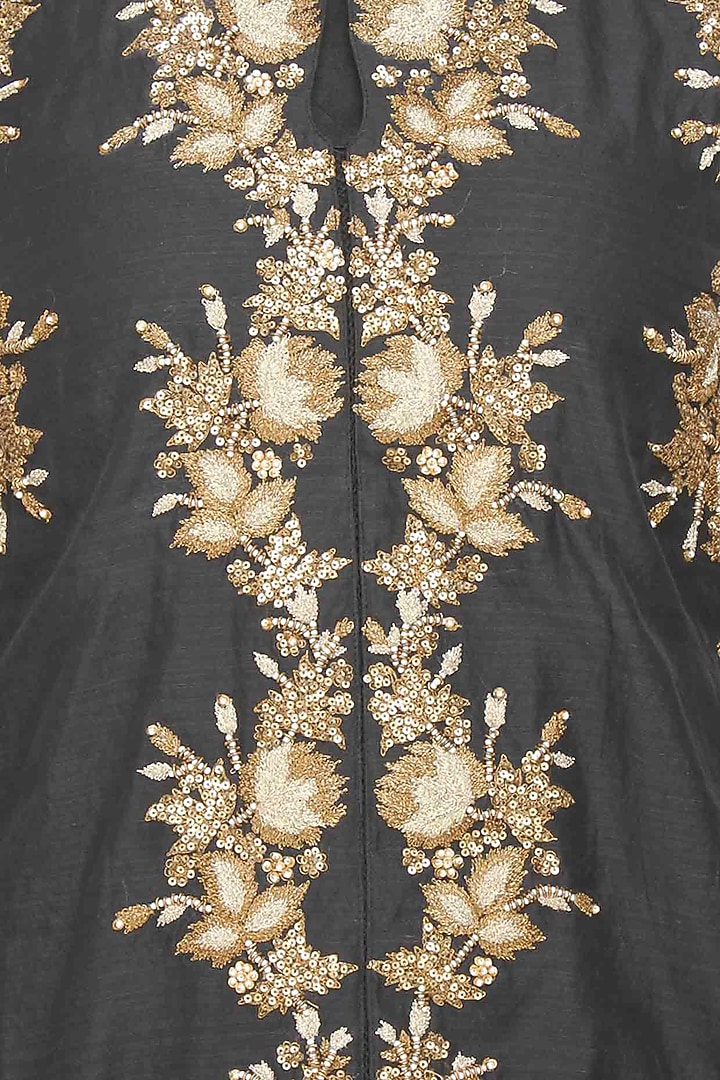 Joy Mitra presents Black floral embroiderd kurta and gold brocade skirt with golden scarf available only at Pernia's Pop Up Shop.