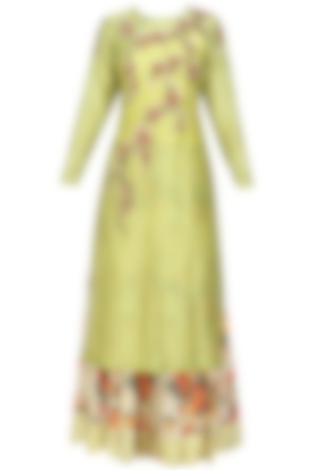 Joy Mitra presents Green floral embroidered kurta and off white skirt with golden scarf available only at Pernia's Pop Up Shop.
