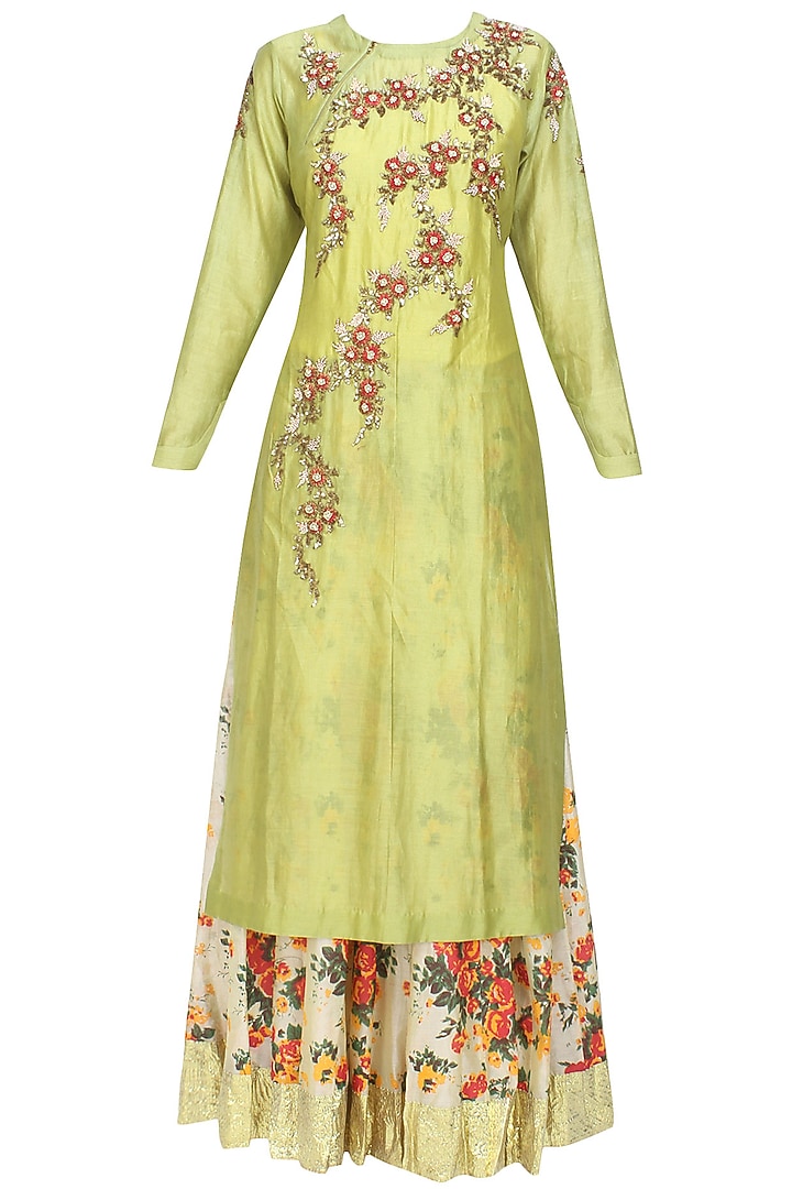 Joy Mitra presents Green floral embroidered kurta and off white skirt with golden scarf available only at Pernia's Pop Up Shop.