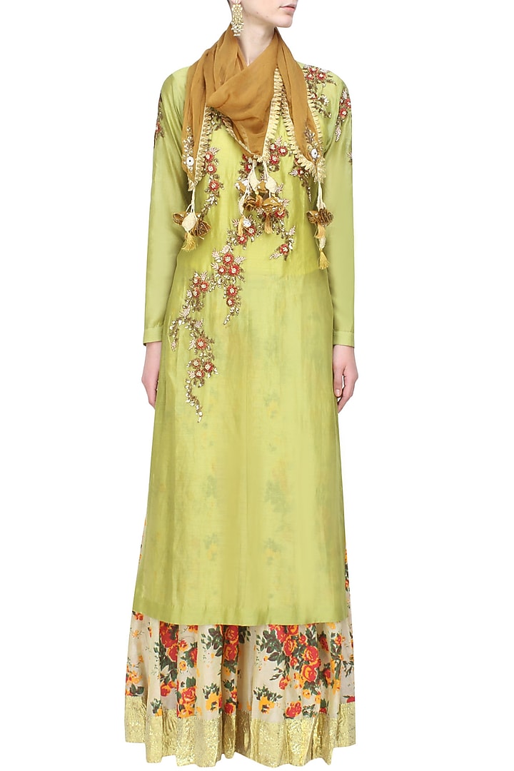 Joy Mitra presents Green floral embroidered kurta and off white skirt with golden scarf available only at Pernia's Pop Up Shop.