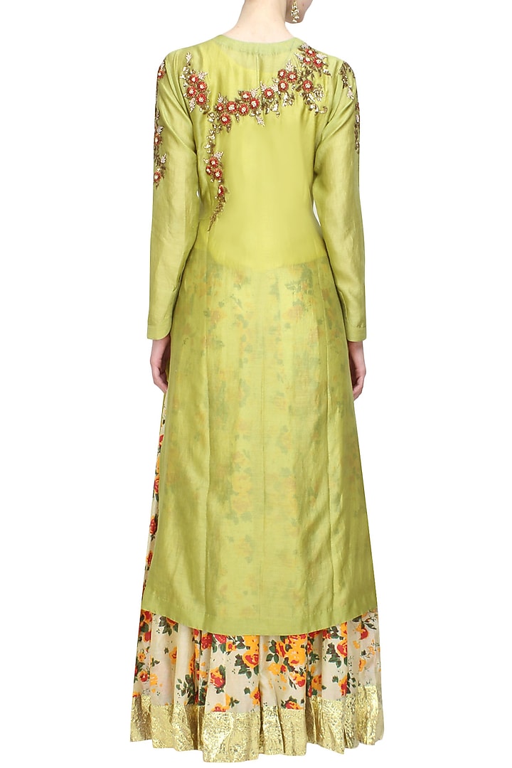Joy Mitra presents Green floral embroidered kurta and off white skirt with golden scarf available only at Pernia's Pop Up Shop.