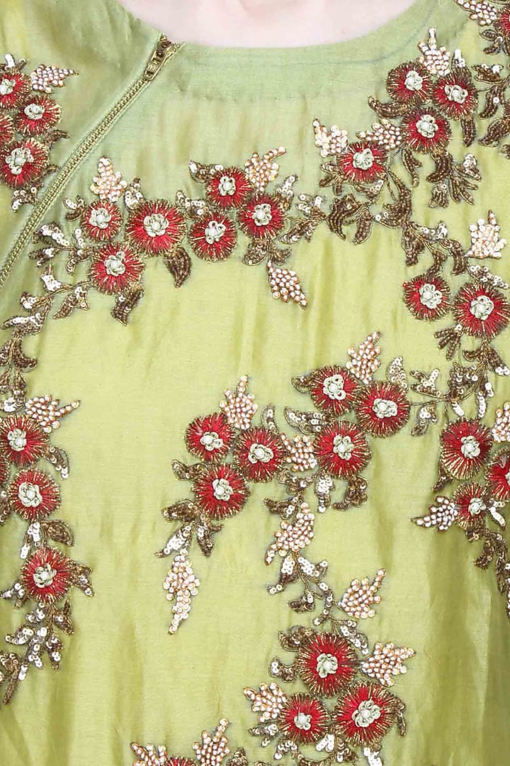Joy Mitra presents Green floral embroidered kurta and off white skirt with golden scarf available only at Pernia's Pop Up Shop.