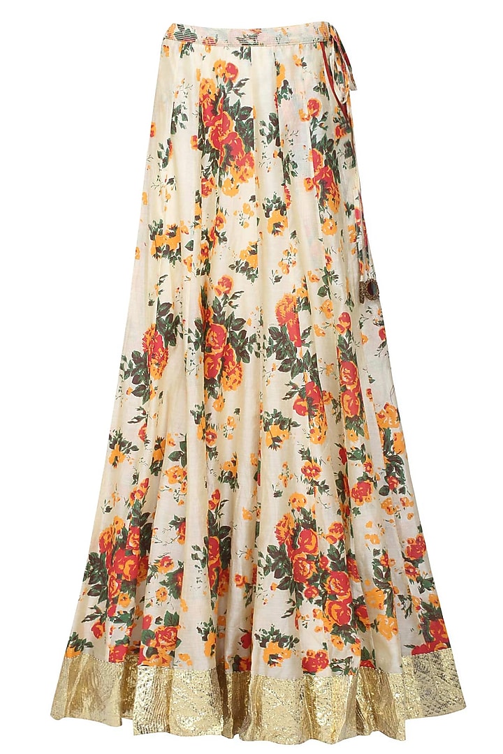 Joy Mitra presents Green floral embroidered kurta and off white skirt with golden scarf available only at Pernia's Pop Up Shop.