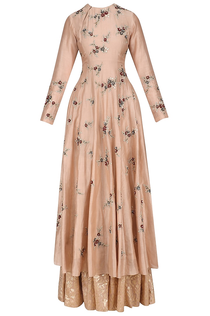 Peach Floral Embroidered Anarkali Kurta and Skirt Set by Joy Mitra