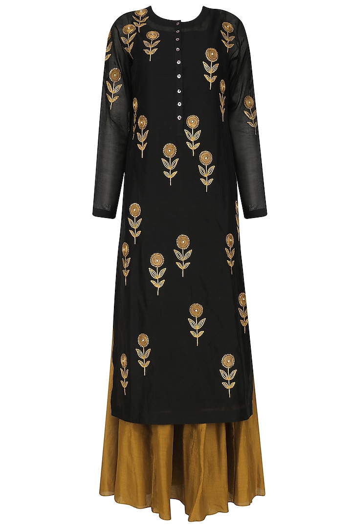 Black Floral Embroidered Straight Kurta and Skirt Set by Joy Mitra