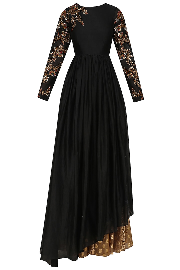 Black Floral Embroidered Asymmetric Kurta and Skirt Set by Joy Mitra