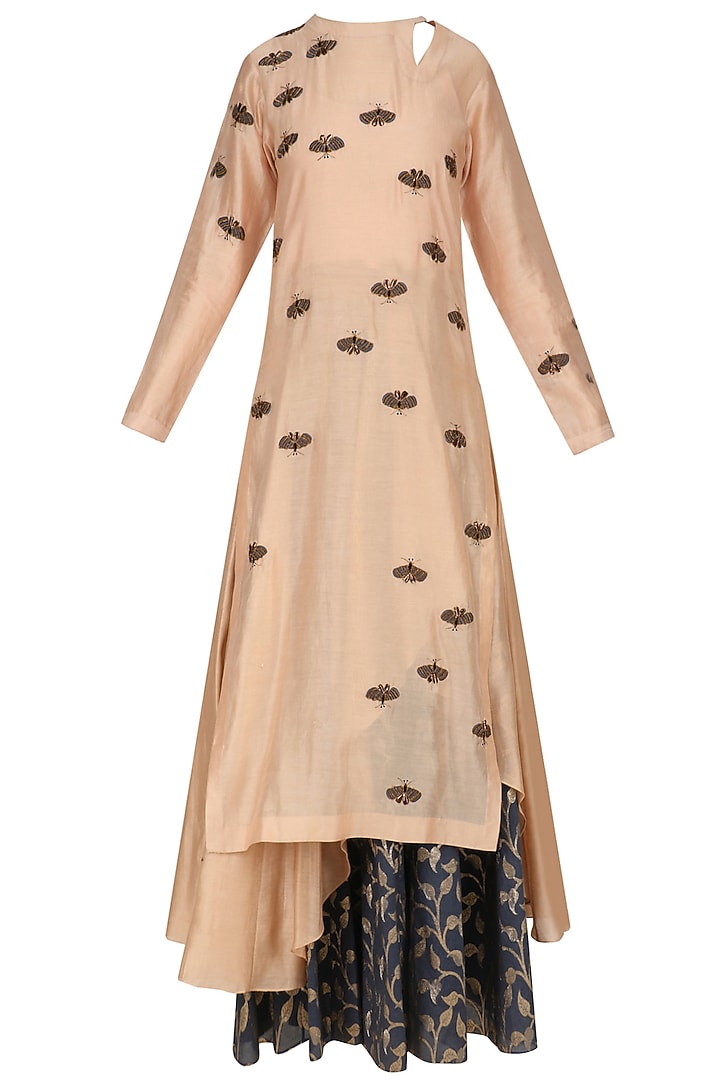 Peach insect motifs straight kurta and skirt set available only at Pernia's Pop Up Shop.
