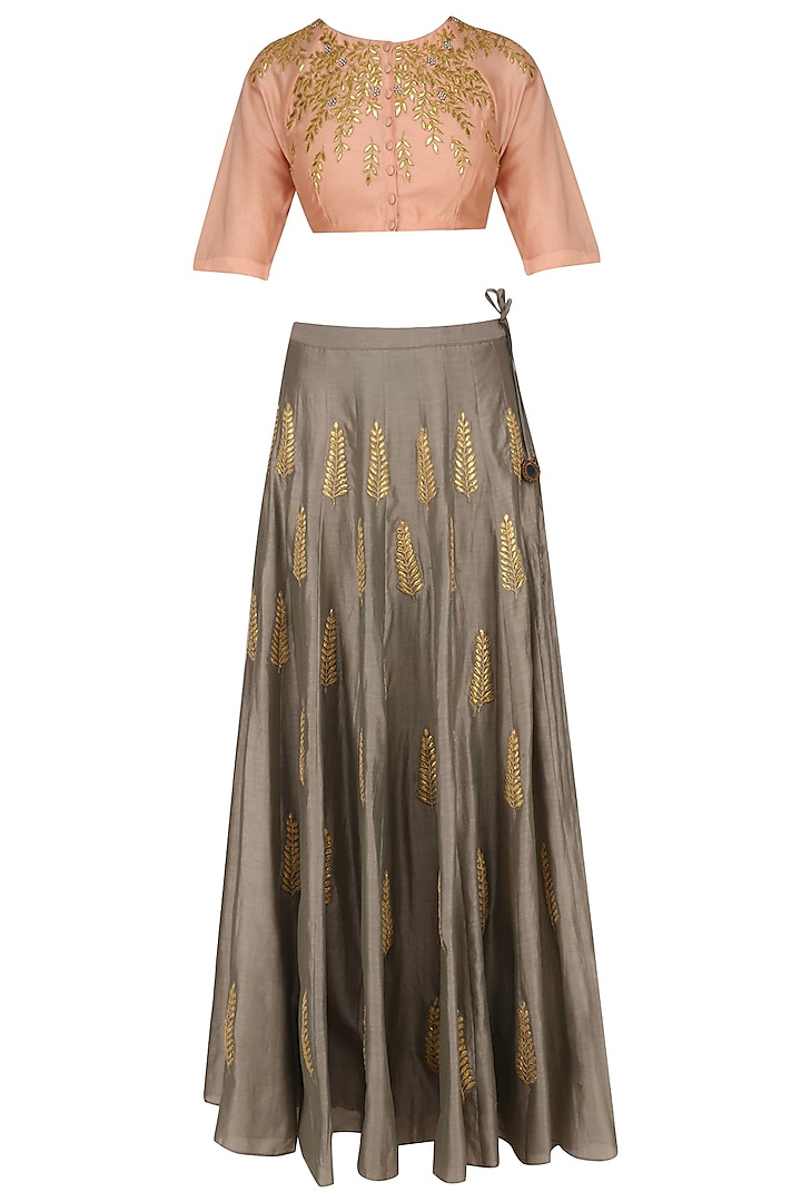 Peach Gota Patti Embroidered Blouse and Grey Skirt Set by Joy Mitra