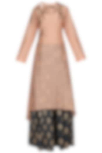 Peach floral work straight kurta and blue skirt set available only at Pernia's Pop Up Shop.
