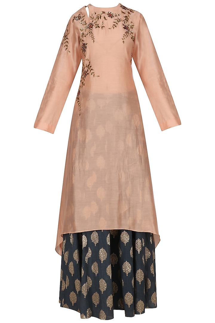 Peach floral work straight kurta and blue skirt set available only at Pernia's Pop Up Shop.