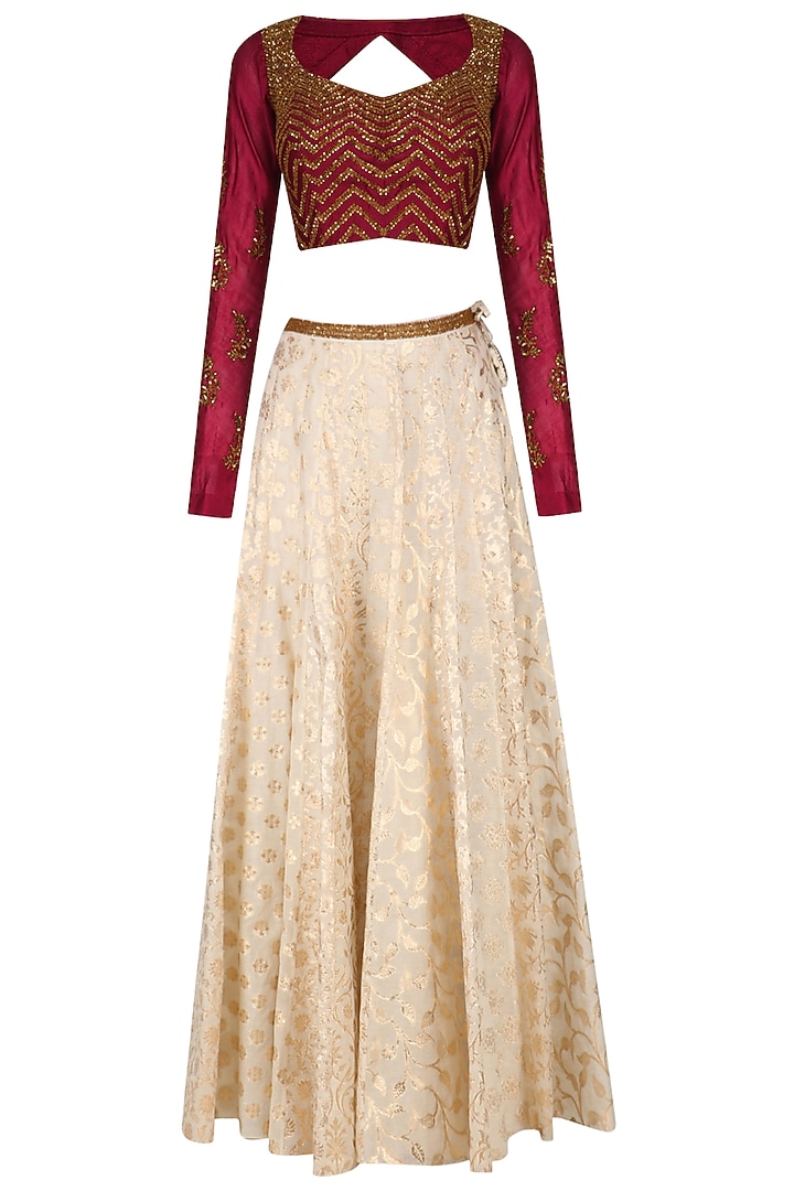 Red zigzag embroidered blouse and skirt set available only at Pernia's Pop Up Shop.