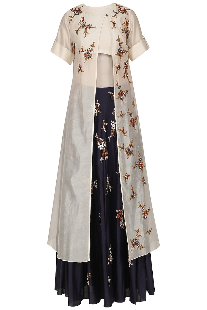 Cream floral embroidered kurta and blue skirt set available only at Pernia's Pop Up Shop.
