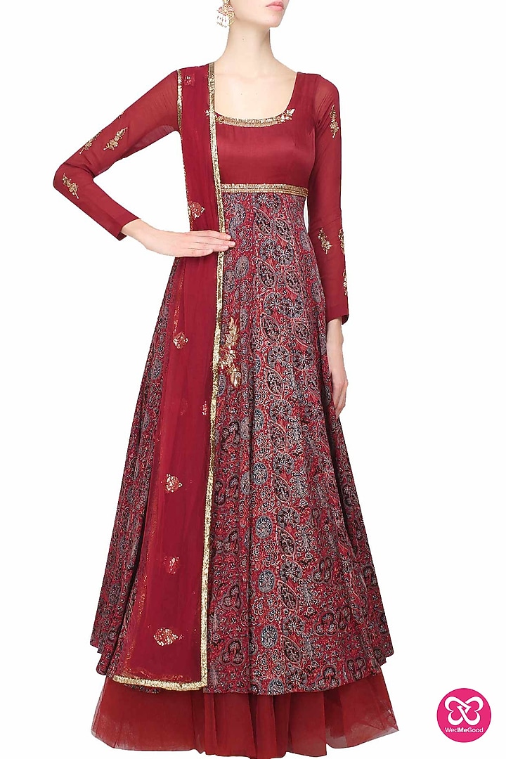 Maroon azrak floral embroidered anarkali set available only at Pernia's Pop Up Shop.
