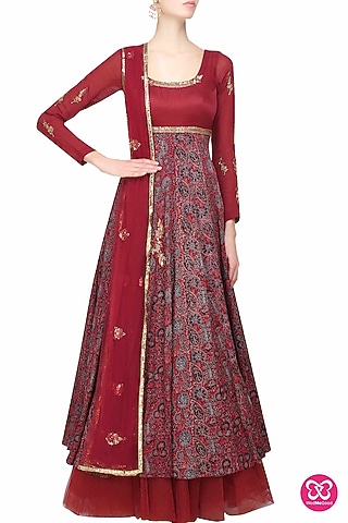 Maroon Azrak Floral Embroidered Anarkali Set by Joy Mitra