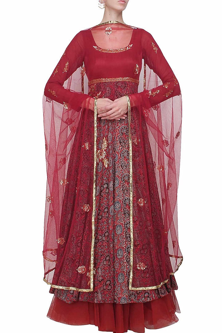 Maroon azrak floral embroidered anarkali set available only at Pernia's Pop Up Shop.