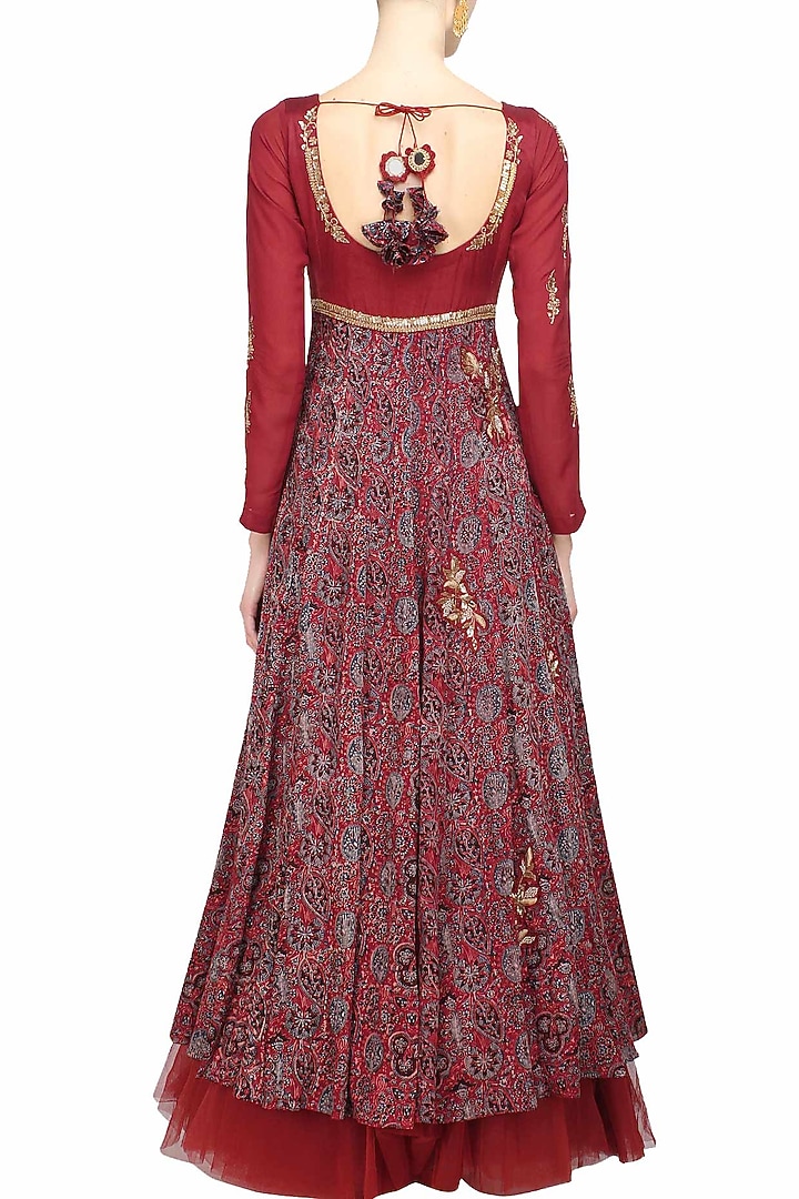 Maroon azrak floral embroidered anarkali set available only at Pernia's Pop Up Shop.