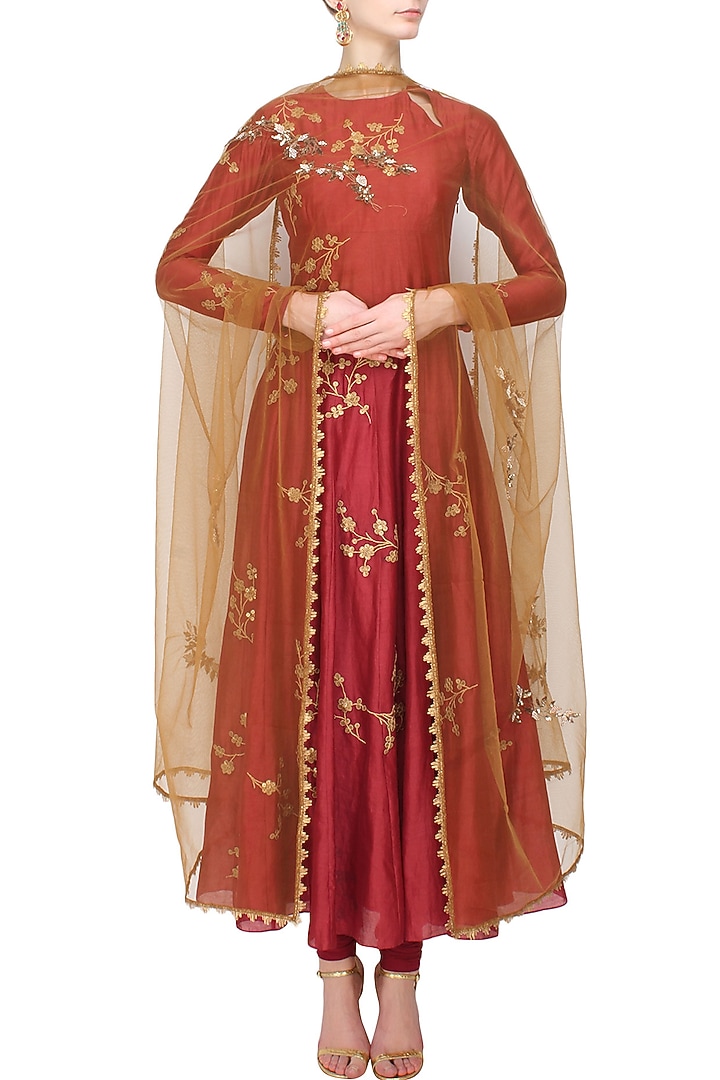 Maroon floral sequins embroidered flared anarkali set available only at Pernia's Pop Up Shop.