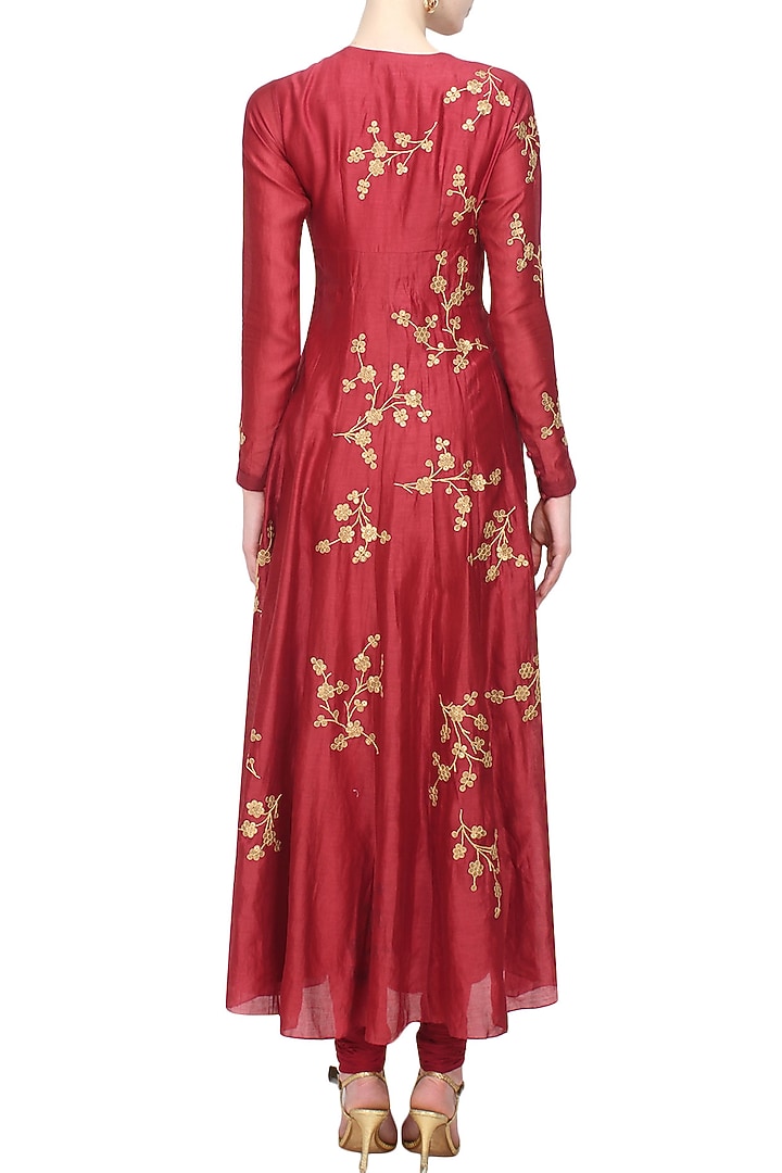 Maroon floral sequins embroidered flared anarkali set available only at Pernia's Pop Up Shop.