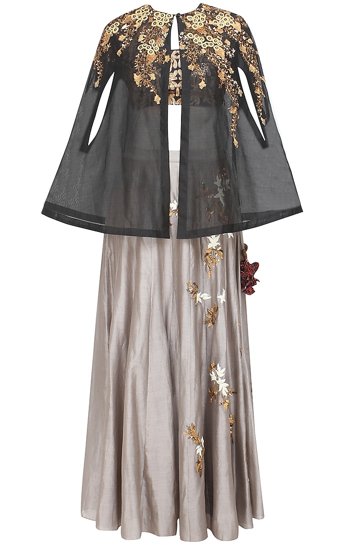 Grey Floral Embroidered Skirt and Sequins Work Blouse and Cape Set by Joy Mitra