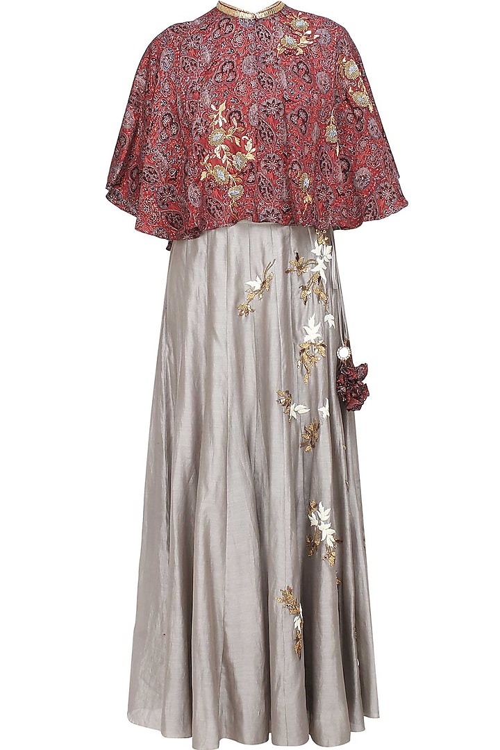 Grey Floral Embroidered Skirt and Red Azrak Cape Set by Joy Mitra