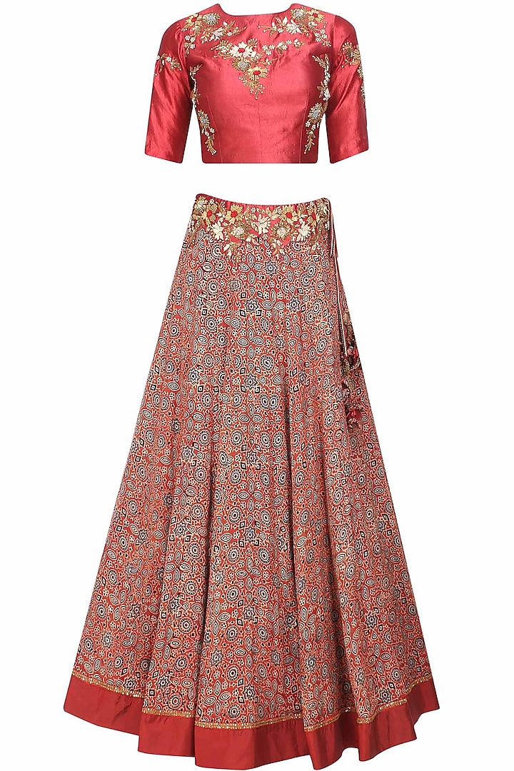 Maroon Floral Sequins and Beads Embroidered Blouse and Skirt Set by Joy Mitra