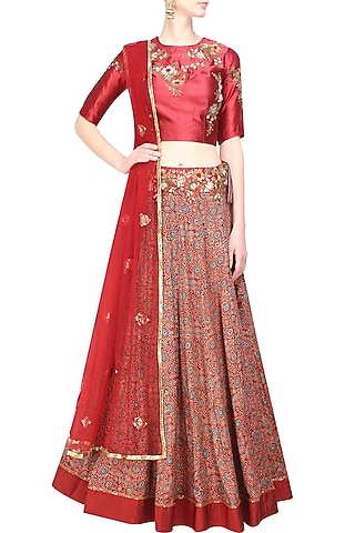 Maroon Floral Sequins and Beads Embroidered Blouse and Skirt Set by Joy Mitra