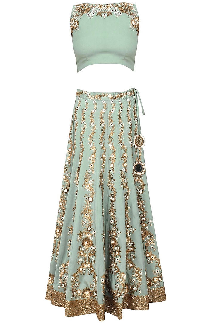 Green Floral Sequins and Beads Embroidered Lehenga Set by Joy Mitra