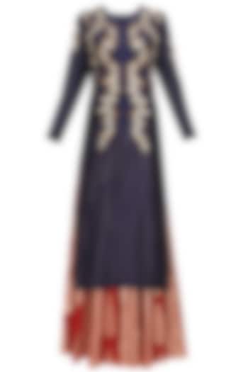 Indigo floral embroidered kurta and red brocade skirt with golden stole available only at Pernia's Pop Up Shop.