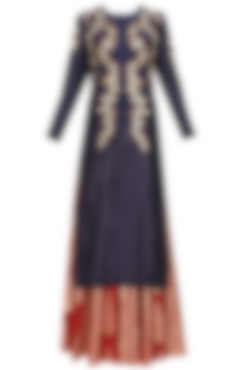 Indigo Floral Embroidered Kurta and Red Brocade Skirt with Golden Stole by Joy Mitra