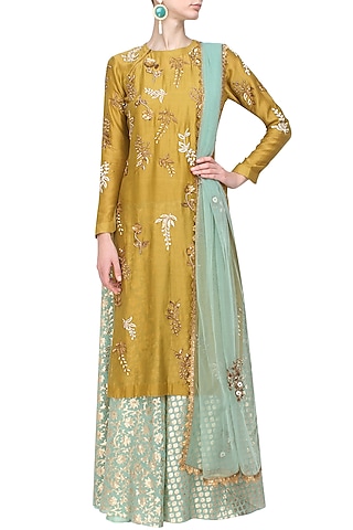 Yellow Floral Embroidered Kurta and Mint Brocade Sharara Set by Joy Mitra