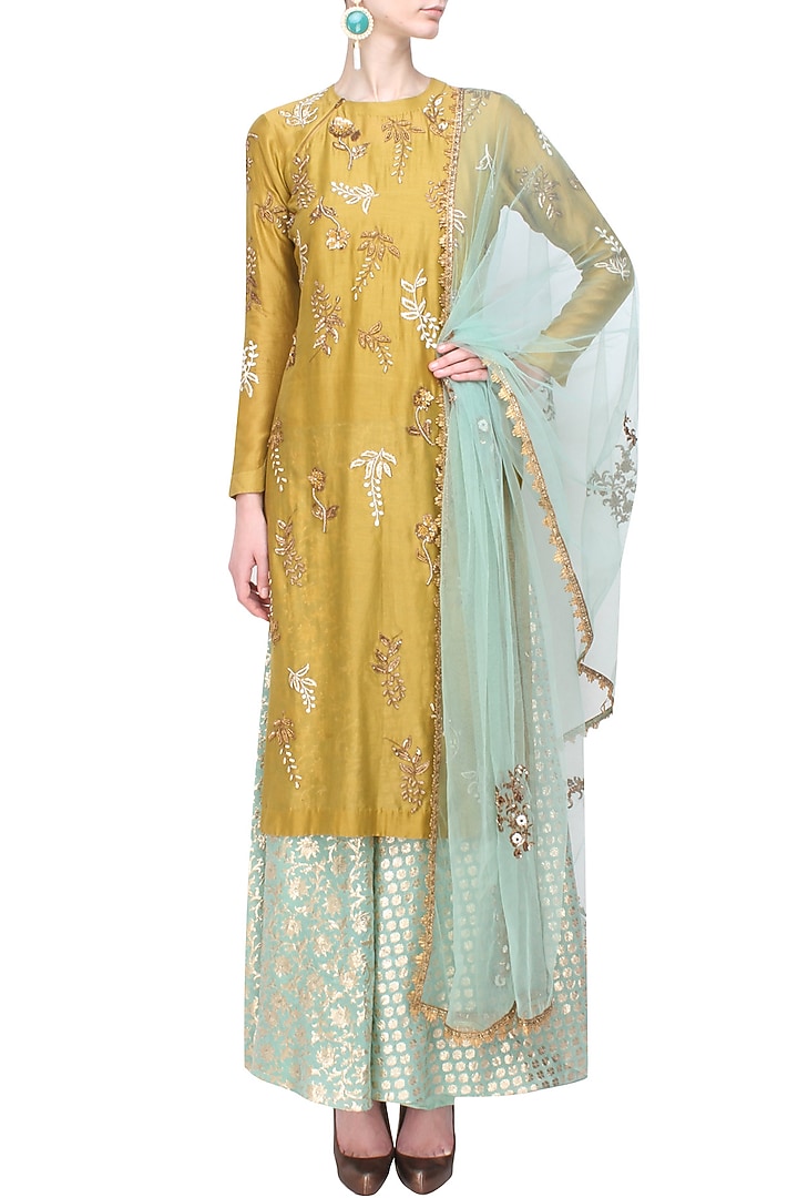 Yellow floral embroidered kurta and mint brocade sharara set available only at Pernia's Pop Up Shop.