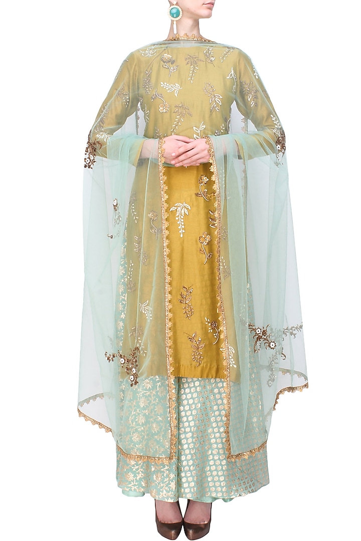 Yellow floral embroidered kurta and mint brocade sharara set available only at Pernia's Pop Up Shop.