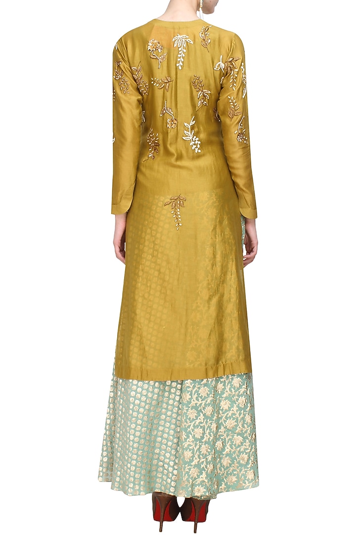 Yellow floral embroidered kurta and mint brocade sharara set available only at Pernia's Pop Up Shop.