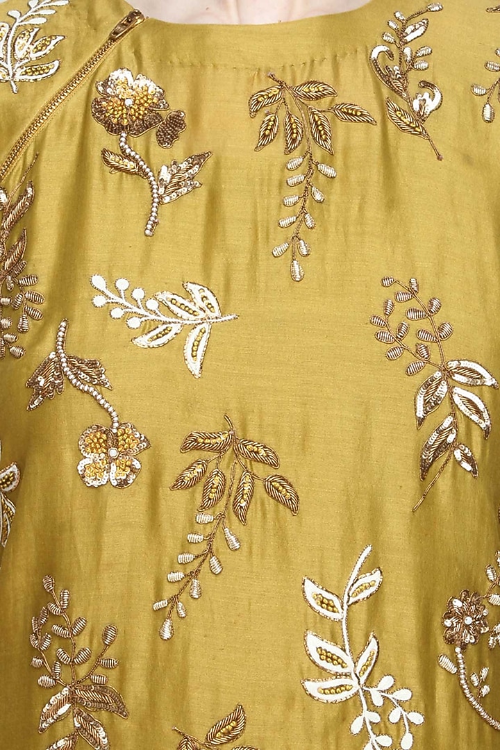 Yellow floral embroidered kurta and mint brocade sharara set available only at Pernia's Pop Up Shop.