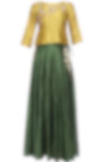 Mustard Floral Embroidered Peplum Top and Green Skirt Set by Joy Mitra