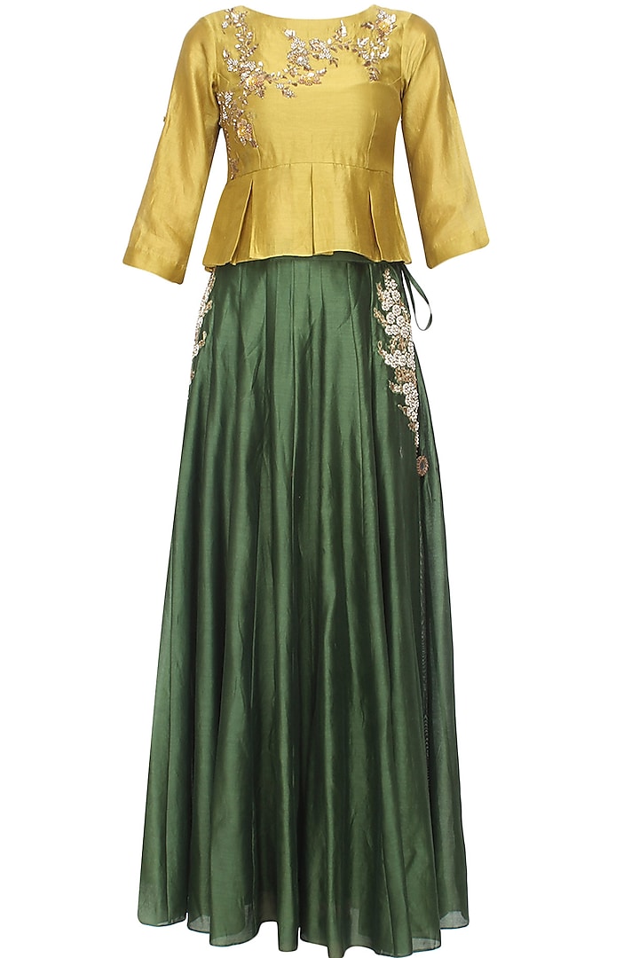 Mustard Floral Embroidered Peplum Top and Green Skirt Set by Joy Mitra