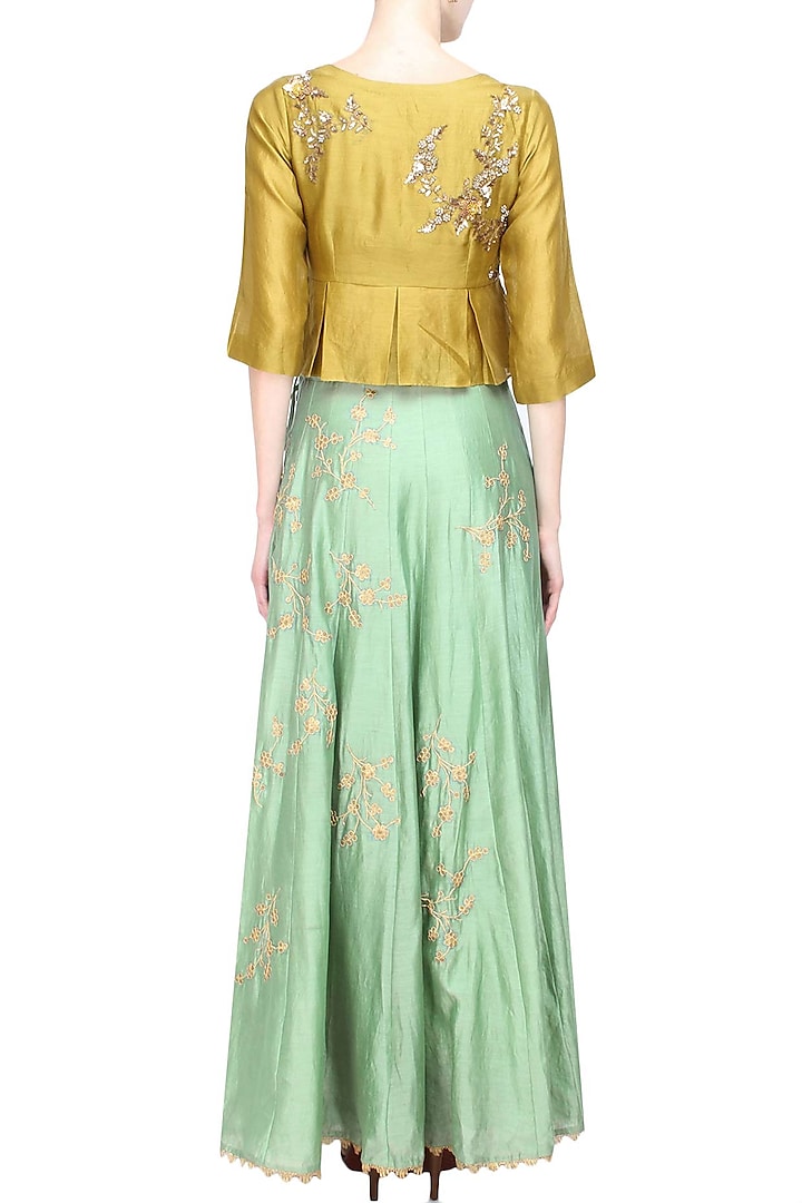Mustard Floral Embroidered Peplum Top and Mint Green Skirt Set by Joy Mitra