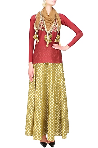 Maroon Floral Embroidered Top and Mustard Brocade Skirt with Golden Stole by Joy Mitra