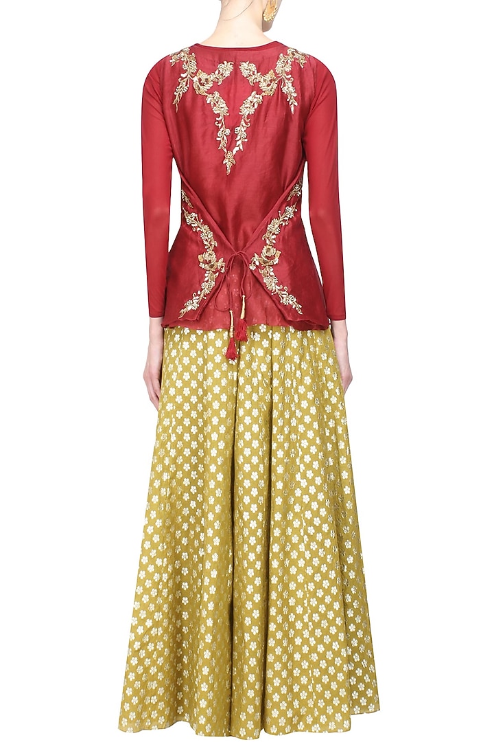 Maroon floral embroidered top and mustard brocade skirt with golden stole available only at Pernia's Pop Up Shop.