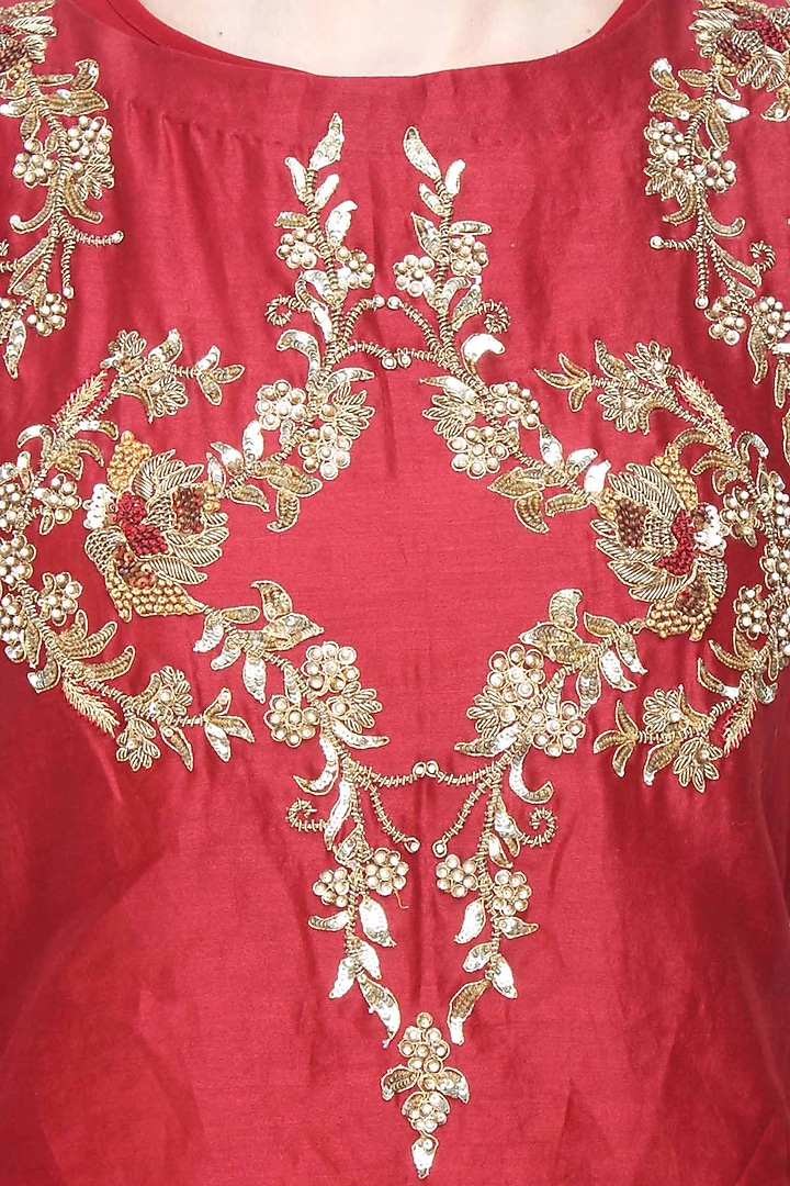 Maroon floral embroidered top and mustard brocade skirt with golden stole available only at Pernia's Pop Up Shop.