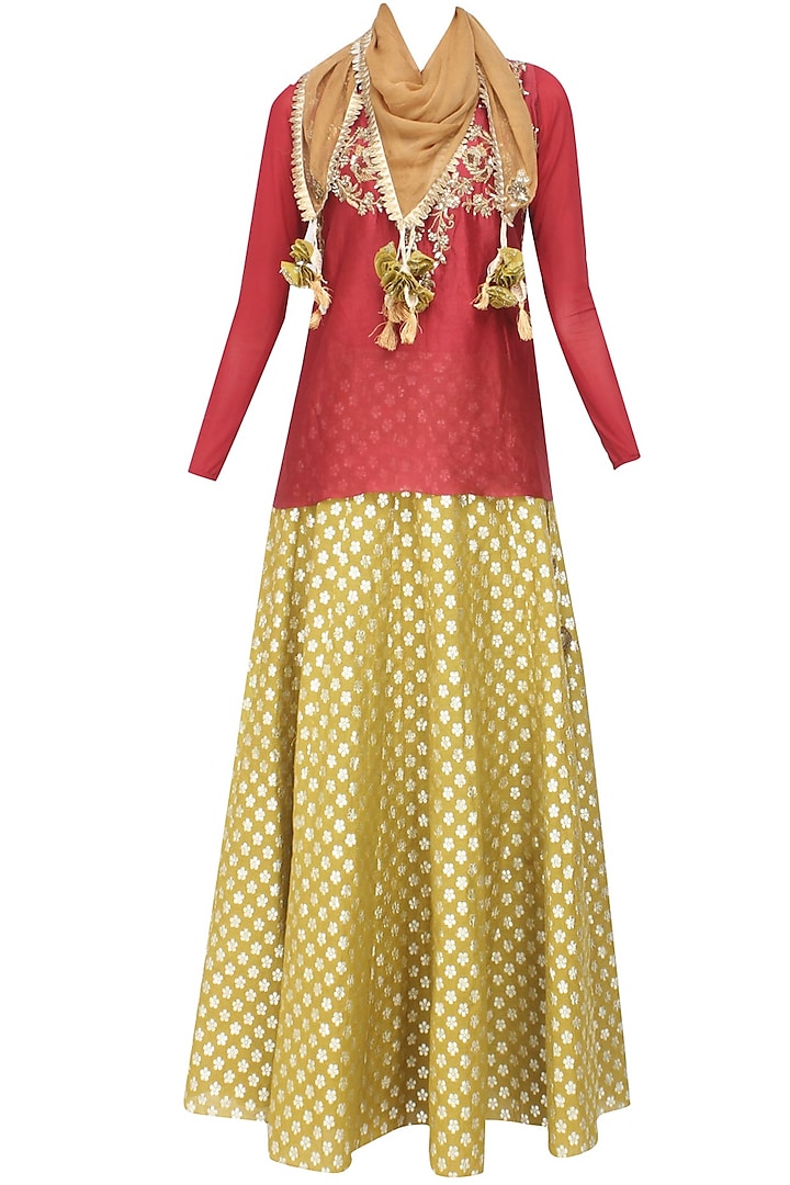 Maroon Floral Embroidered Top and Mustard Brocade Skirt with Golden Stole by Joy Mitra