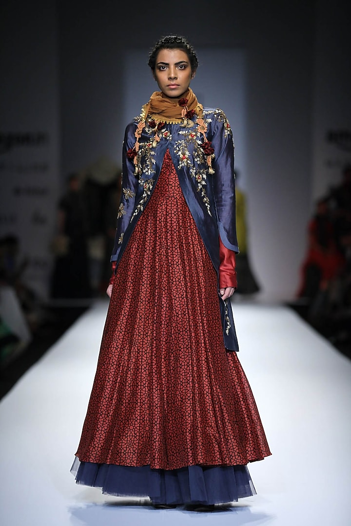Maroon Angrakha Layered Anarkali with Indigo Embroidered Jacket by Joy Mitra