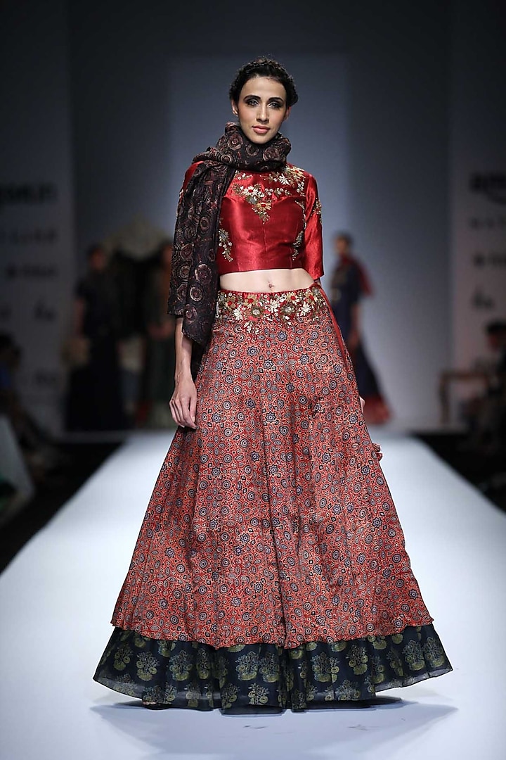 Maroon Floral Embroidered Blouse with Printed Angrakha Lehengha by Joy Mitra