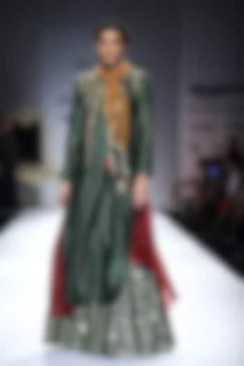 Green and Maroon Embroidered Layered Kurta with Green Woven Skirt by Joy Mitra