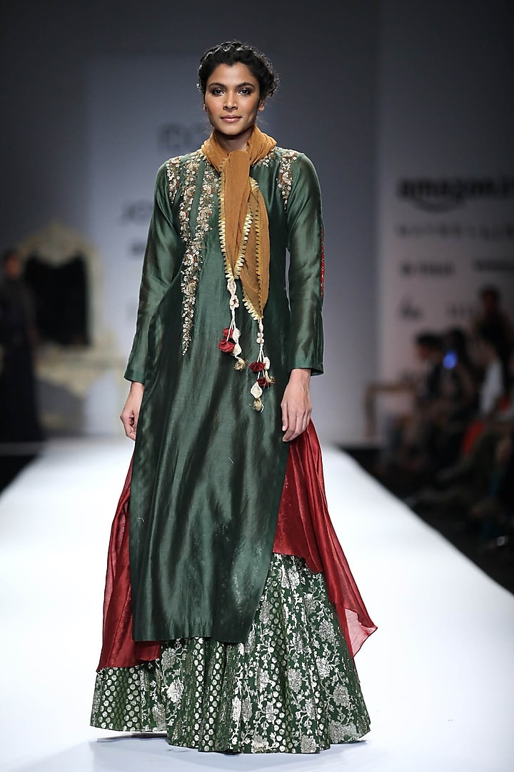 Green and Maroon Embroidered Layered Kurta with Green Woven Skirt by Joy Mitra