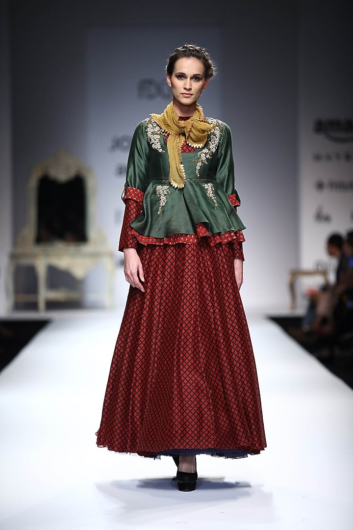 Green Embroidered Pocket Peplum Top with Maroon Printed Skirt by Joy Mitra