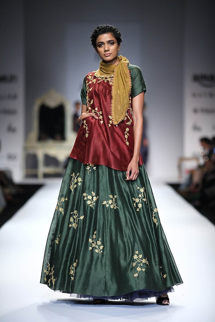 Maroon and Gold Metel Sequins Top with Green Floral Sequins Anarkali by Joy Mitra