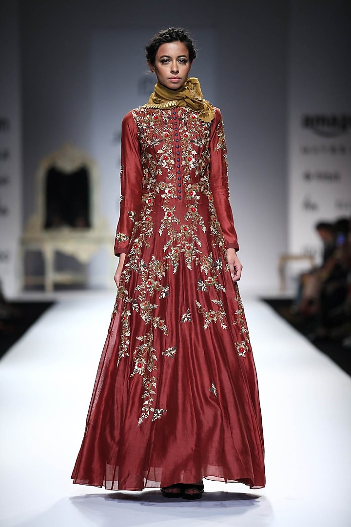 Maroon Bug and Flower Embroidered Anarkali by Joy Mitra